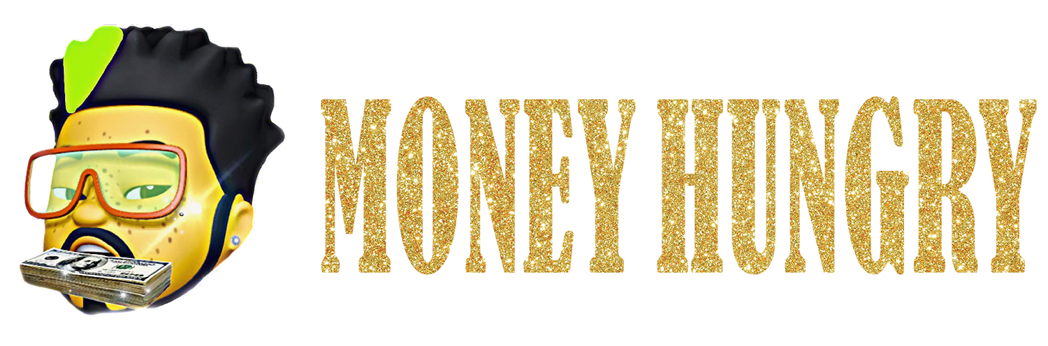 Logo for the Money Hungry Lifestyle, a man with a goatee wearing red sunglasses has a mouthful of $100 bills, his hair streaked with green dye on his right side. Gold text to the right reads MONEY HUNGRY.