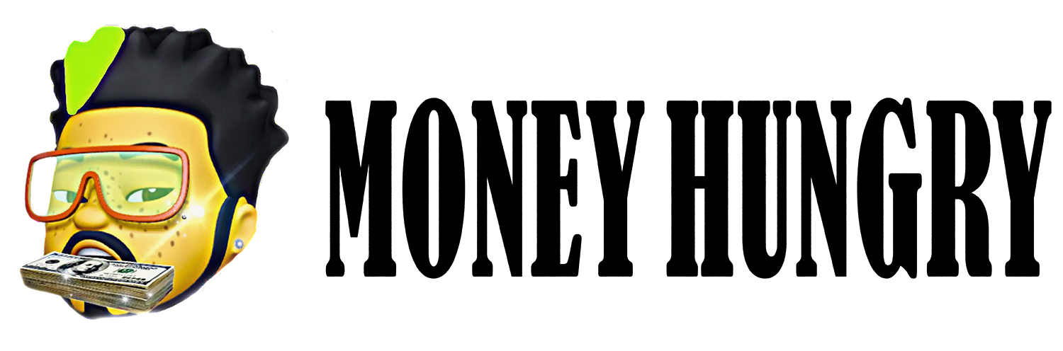 Logo for the Money Hungry Lifestyle, a man with a goatee wearing red sunglasses has a mouthful of $100 bills, his hair streaked with green dye on his right side. Gold text to the right reads MONEY HUNGRY.